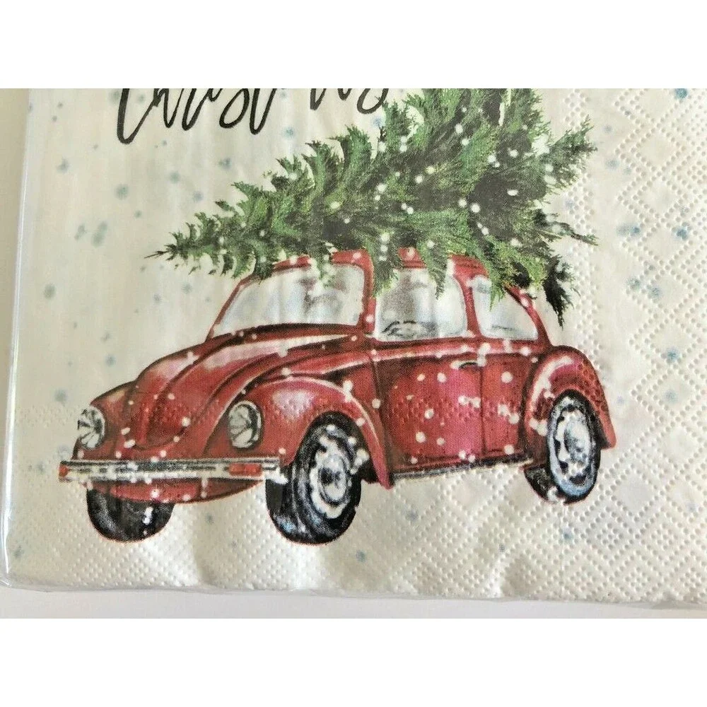 VW Bug Car Christmas Tree Red Paper Napkins Lunch Dinner 40 Ct 6.5x6.5